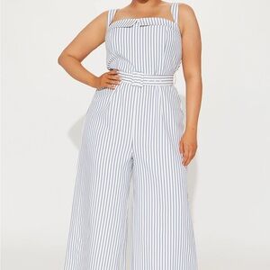 Fashion Nova White & Blue Striped Belted Wide-Leg Jumpsuit